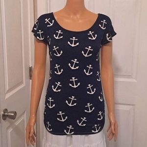 Sleeveless Navy Blue Anchor Top with See-through Lace Back